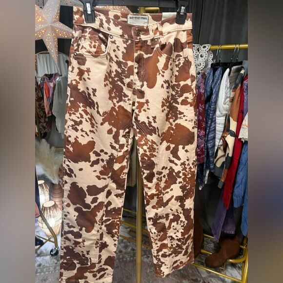 Free People Risk Taker Mid Rise Printed Jeans in Tea Combo-Cow Print - Picture 8 of 10